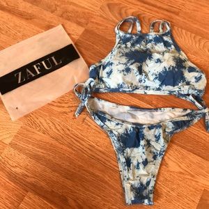 Blue tie dye high neck high waisted bikini